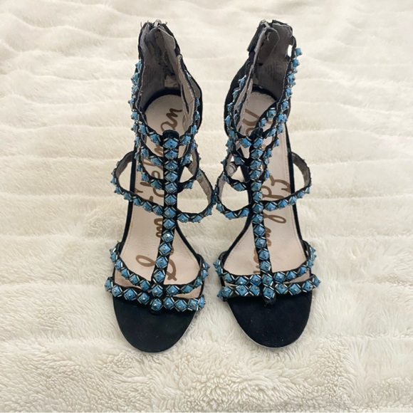 Sam Edelman Studded Gladiator Black Turquoise Strappy Sandals Heels Size 8.5 - Picture 2 of 15